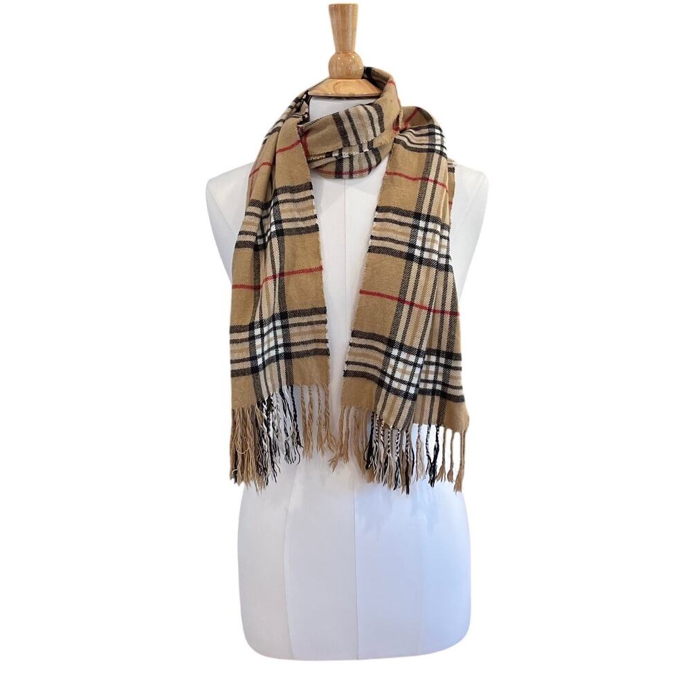 Cashmere Scarf, Tan Plaid Nova Check, Fringe, Made in Scotland, Unisex, 12 x 68